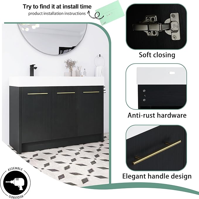 48 Inch Freestanding Bathroom Vanity,48" Bathroom Vanity with Sink,Modern Single Sink Bathroom Vanity Combo,Black Floor Stand Cabinet Set