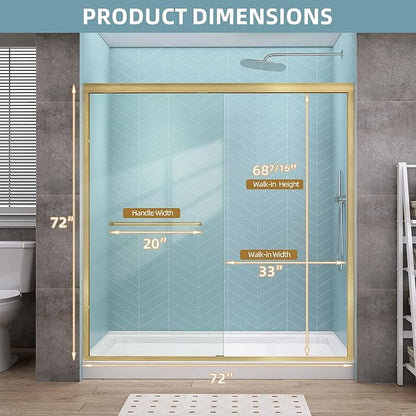GETPRO Shower Door Double Sliding 68-72 in. W x 72 in. H Semi-Frameless Bypasss Bathroom Glass Shower Sliding Doors,1/4 inch Clear Tempered Glass Door for Walk-in Shower Brushed Gold