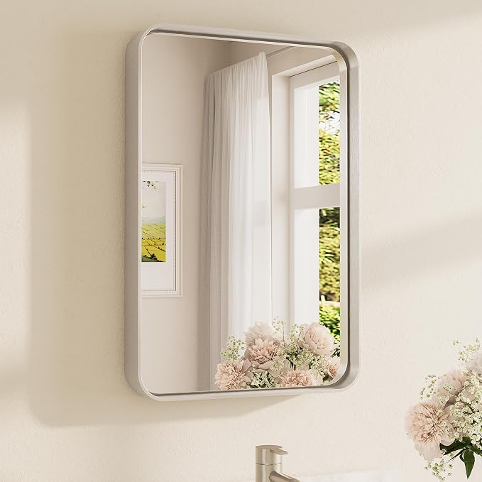 Brushed Nickel Bathroom Mirror 16 x 24 Inch for Vanity Metal Framed Mirror Modern Farmhouse for Living Room Entryway(Horizontal/Vertical)