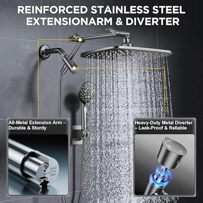 Veken Gunmetal Gray 11.8" High Pressure Shower Head with Handheld, Durable | Handheld Shower with Multi Spray Modes, Rainfall Combo with 15" Metal Extension Arm, Detachable Dual Shower, Bathroom Decor