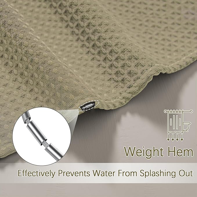 Taupe Stall Fabric Shower Curtain - Water Repellent Waffle Textured 256GSM Heavy Duty Cloth Shower Curtains for Bath Tubs, Narrow Hotel Quality Bath Curtain Set with 6 Hooks, 36Wx72H