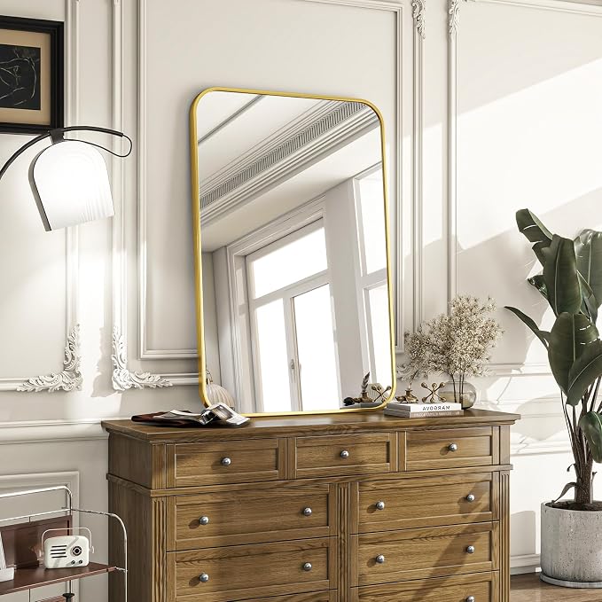 20x28 Inch Gold Bathroom Vanity Mirror for Over Sink | Rectangle Wall Mirror for Bathroom with Round Corner, Hangs Horizontally Vertically for Living Room, Bedroom as Home Decor