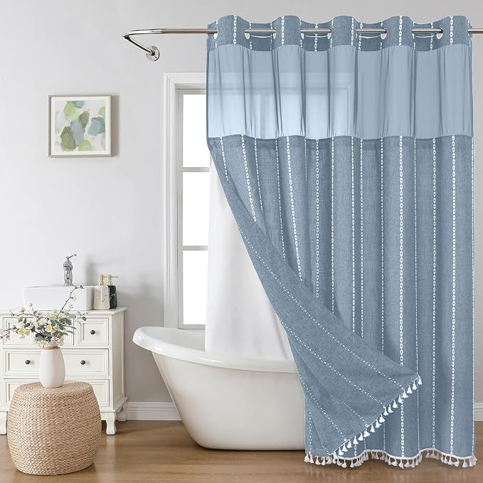 eachope Boho Farmhouse No Hook Shower Curtain Set with Snap-in Fabric Liner,Heavy-Duty Linen Textured Rustic Striped Design,Water-Repellent with Tassels and Sheer Window,Blue,71x74 | Snap-in Liner,330GSM Thick Linen Textured Rustic Striped Design,Water...
