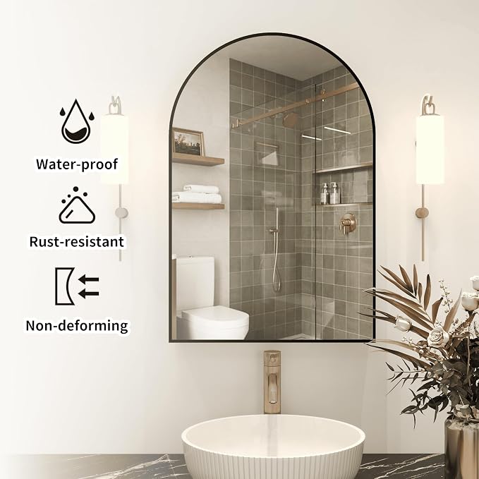 Arched Medicine Cabinet with Mirror,Bathroom Medicine Cabinet with Mirror Wall Mounted,Mirrored Medicine Cabinets with Adjustable Shelves,Not Recessed,24x36 Inch,Black