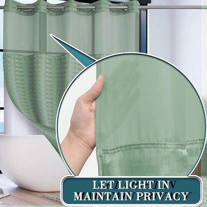 Conbo Mio No Hook Sage Green Shower Curtain with Snap in Liner Set, Hotel Luxury Shower Curtains for Bathroom with See Through Top Window, Waterproof, Washable 71W x 74H