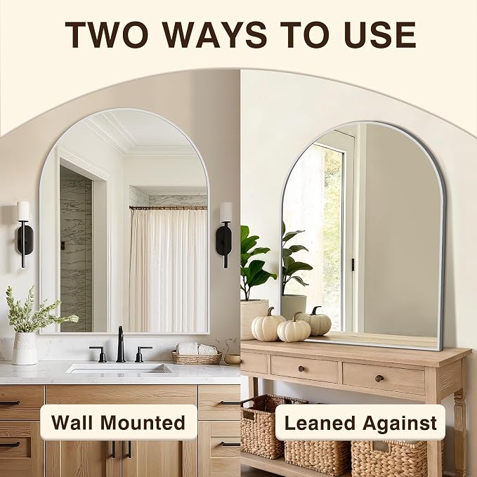 Arched Bathroom Vanity Mirror for Over Sink, 40”x30”, Silver | HD Tempered Glass, Anti-Rust Metal Frame, Hanging or Leaning, Wall Mirrors for Bathroom Sink, Bedroom, Living Room, Entryway