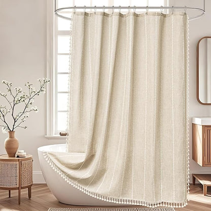 Seenus Boho Farmhouse Linen Shower Curtain with Tassels, Heavyweight Soft Fabric Shower Curtain Beige Water Repellent, 72 x 72 Inch Cream Elegant Bathroom Decor Shower Curtains Cotton Striped