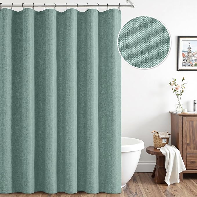 ANRODUO Teal Linen Textured Fabric Shower Curtain Set - W72xL84 | Farmhouse Shower Curtain with 12 Metal Hooks, Waterproof Heavy Duty, Button Hole Design, Machine Washable for Bathroom