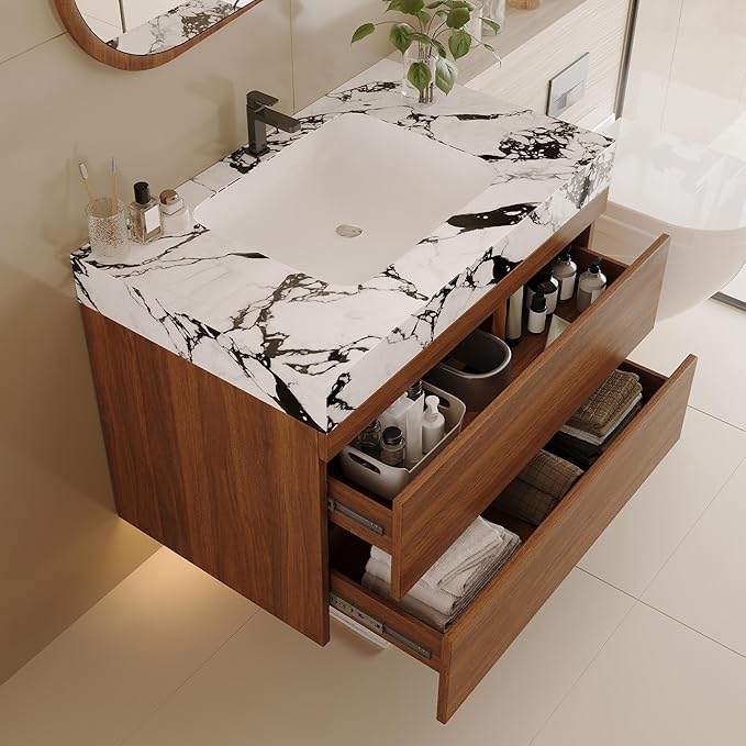 KEIKI 29.9" Bathroom Vanity with Undermount Sink Combo, Modern Floating Vanity Cabinet with 2 Drawers, Storage Wall Mounted Cabinet for Small Space, Walnut Marbe
