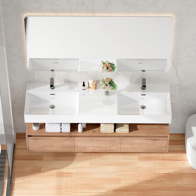 60 Inch Floating Bathroom Vanity with Double Sink, Modern Wall-Mounted Bathroom Cabinet with Resin Sink & Soft Close Drawer, Split-Level Layout (Nature Oak, 60" Double Sink)