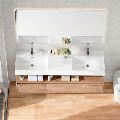 60 Inch Floating Bathroom Vanity with Double Sink, Modern Wall-Mounted Bathroom Cabinet with Resin Sink & Soft Close Drawer, Split-Level Layout (Nature Oak, 60" Double Sink)