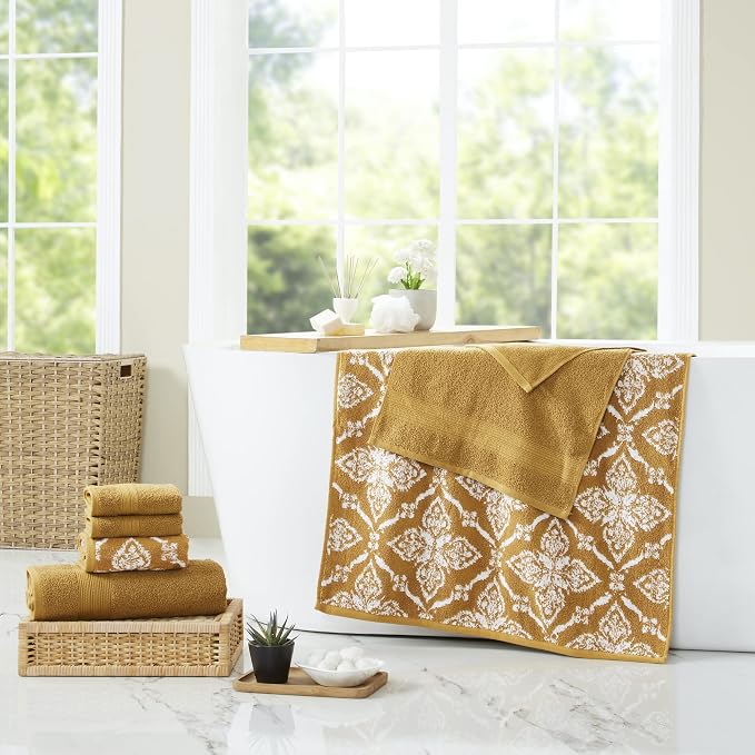 Modern Threads Amaris 6-Piece Reversible Yarn Dyed Jacquard Towel Set - Bath Towels, Hand Towels, & Washcloths - Super Absorbent & Quick Dry - 100% Combed Cotton, Gold