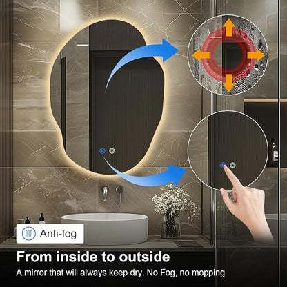 Irregular LED Bathroom Mirror with Lights,Asymmetrical Led Bathroom Vanity Mirror for Wall with Backlit, Anti Fog, 3 Colors and Dimmable Light,[Horizontal/Vertical] 30" H x 22" W