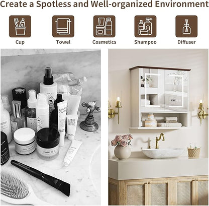 Bathroom Medicine Cabinet with Mirror, Lighted Storage Cabinet Wall Mounted with Doors & Adjustable Wood Shelf, Modern Bathroom Mirror with LED Lights Defogger for Makeup Laundry/Living Room, White