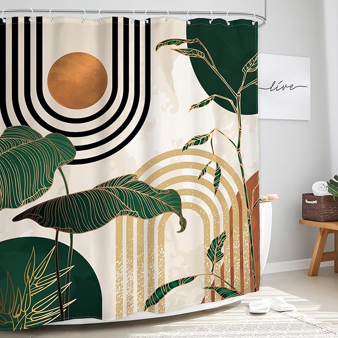 Glawry Green Boho Shower Curtain 60Wx72L Inches, Abstract Retro Mid Century Shower Curtains for Bathroom Decor,Minimalist Tropical Modern Shower Curtain Set Home Decor 12 Pack Hooks