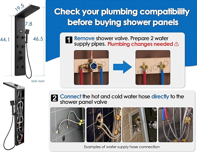 ROVOGO Shower Panel Tower System with Rainfall Waterfall Shower Head, 6 Body Jets, Handheld and Temp Display, Stainless Shower Column with Mixer Valve, All Black