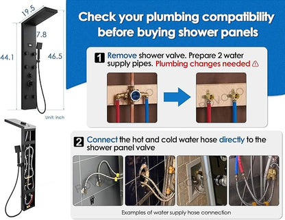 ROVOGO Shower Panel Tower System with Rainfall Waterfall Shower Head, 6 Body Jets, Handheld and Temp Display, Stainless Shower Column with Mixer Valve, All Black