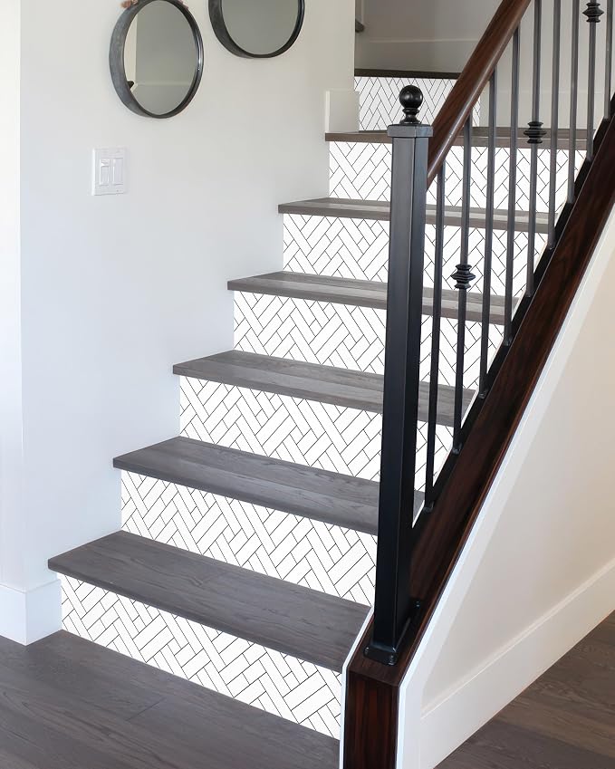 FLFK Black Lines Stair Stickers - Set of 15, Peel and Stick Stair Riser Decals, 39.3"x7.08"