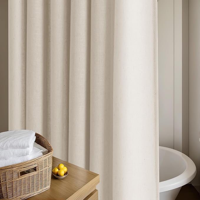 Beige Linen Shower Curtain for Bathroom Water Repellent 72x72 Inch | Neutral Shower Curtains Flax Textured Bath Decor Drapes Boho Farmhouse Rustic Shabby Chic Country Tan Beige with Hooks