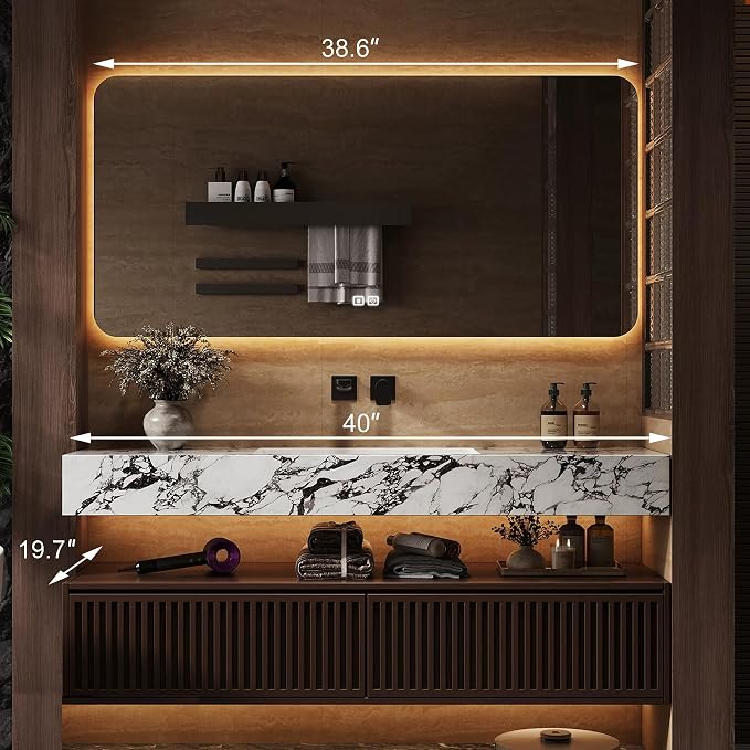 40 Inch Floating Bathroom Vanity with Single Sink, Modern Design, 2 Soft-Close Drawers, with Smart LED Defog Mirror, Wall-Mounted Bath Room Vanities for Large Bathrooms, Fully Pre-Assembled
