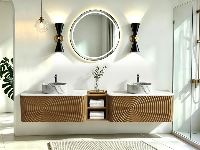 84" Floating Bathroom Vanity with Double Sink, Mid-Century Wall Mounted Bathroom Vanity Cabinet with Wood Waved Decor, Marble Ceramic Basin, Sintered Stone Top, Soft Close Drawer, Side Open Cube