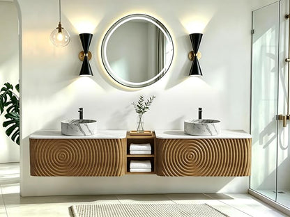 84" Floating Bathroom Vanity with Double Sink, Mid-Century Wall Mounted Bathroom Vanity Cabinet with Wood Waved Decor, Marble Ceramic Basin, Sintered Stone Top, Soft Close Drawer, Side Open Cube