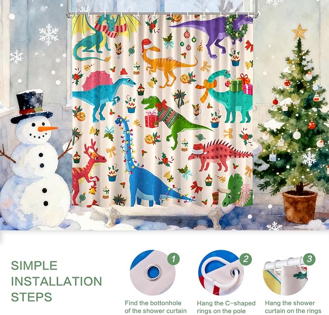 Shower Curtain Christmas, Kids Shower Curtain Santa's Hat Dinosaur Party Gift Box Cake Candy Jingling Bell String Light Xmas Theme Machine Washable Home Farmhouse Waterproof Decor Bathroom Curtain