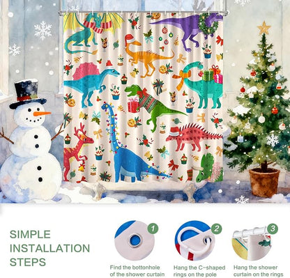 Shower Curtain Christmas, Kids Shower Curtain Santa's Hat Dinosaur Party Gift Box Cake Candy Jingling Bell String Light Xmas Theme Machine Washable Home Farmhouse Waterproof Decor Bathroom Curtain