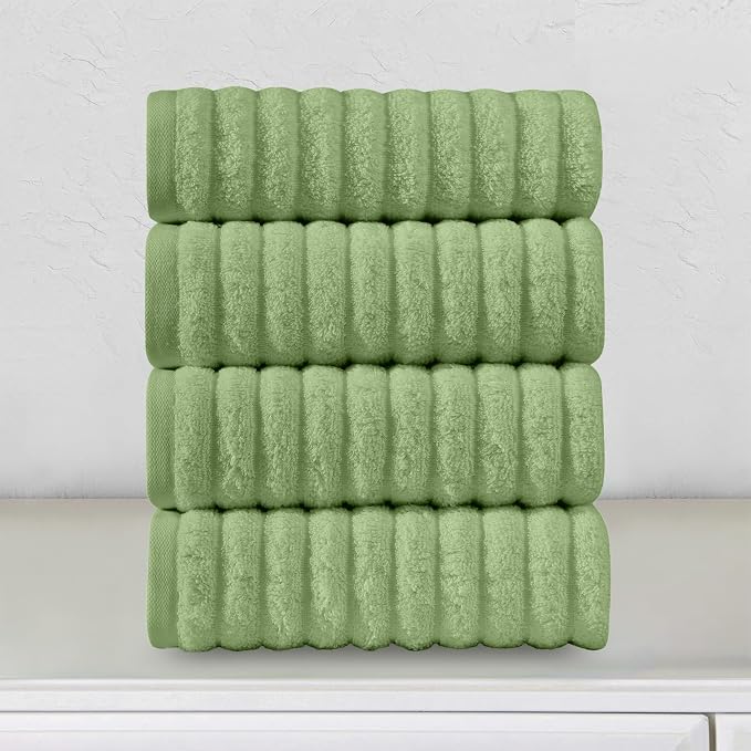 Elegant Comfort Luxury 100% Turkish Cotton Corduroy Ribbed 4 Pack Hand Towel Set 16 x 28 Inch - Absorbent, Super Soft, Quick Dry, Premium Towels for Bathroom, Gym, Spa and Hotel Use, Sage