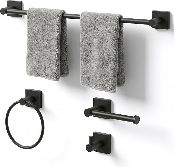 24-Inch Wall Mounted Towel Racks for Bathroom – Space Saver 4-Piece Durable Stainless Steel Bathroom Hardware Set with Towel Bar, Towel Ring, Toilet Paper Holder & Hook, Matte Black