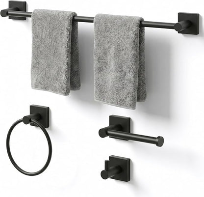 24-Inch Wall Mounted Towel Racks for Bathroom – Space Saver 4-Piece Durable Stainless Steel Bathroom Hardware Set with Towel Bar, Towel Ring, Toilet Paper Holder & Hook, Matte Black