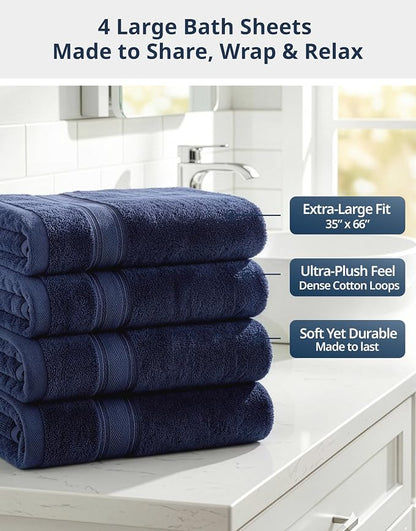 LANE LINEN Bath Sheets - Hotel-Grade Zero Twist Cotton - 4 Piece (35"x66") Oversized Bath Towels Large - Fluffy Cloud-Like Softness & Fade Resistant - Extra absorbent for active households - Navy Blue
