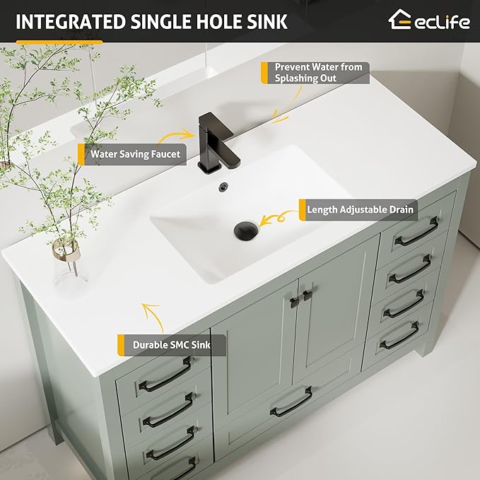 eclife 48" Bathroom Vanities with Sink Combo, Modern Thickened Wood Bathroom Storage Cabinet w/Undermount Single Sink, Matte Black Faucet Drain, Painted Surface, Green