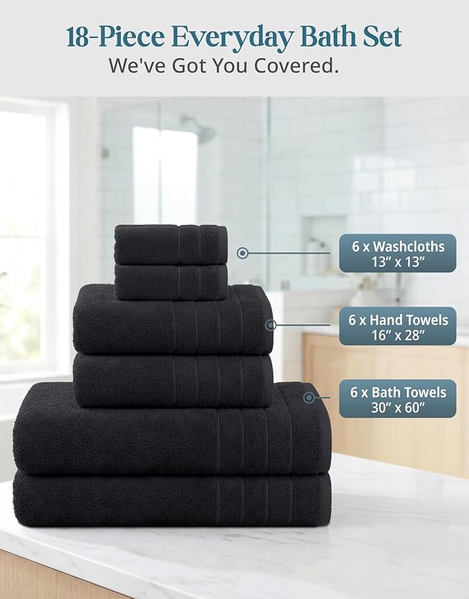 Casa Platino Towel Set Soft Absorbent Quick Dry 100% Cotton - Black | Towels And Washcloths Sets - Lightweight & Breathable, Fade-Resistant Color, Classic Terry Weave, Densely Woven