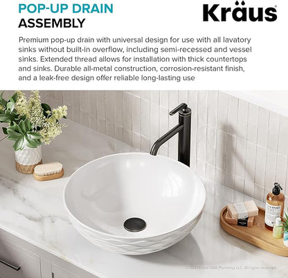 KRAUS Bathroom Sink Pop-Up Drain Assembly in Oil Rubbed Bronze for Vessel Sinks and Sinks without Overflow, with Extended Thread for Thicker Countertops,PU-L10ORB