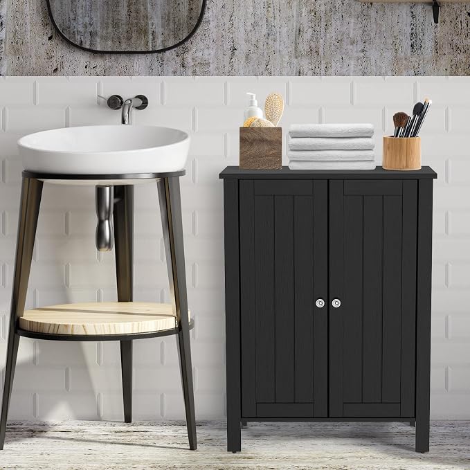 COSTWAY Bathroom Floor Cabinet - Freestanding Side Storage Organizer with Double Doors & Adjustable Shelf, Wooden Storage Cabinet for Living Room, Bedroom, Kitchen, Entryway (Black) | with Double Doors & Adjustable Shelf, Wooden Storage Cabinet for Liv...