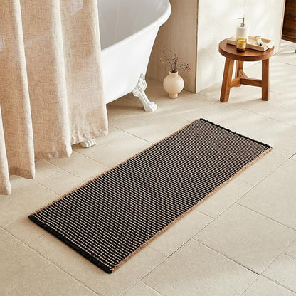 TYUU Waffle Runner Rug Bathroom, Long Boho Bath Mat, 60x24 Khaki & Black | Super Absorbent Quick Dry Bath Rug, Non-Slip Backing, Soft Waffle Washable Farmhouse Bathroom Mats, Tub, Shower & Home Decor