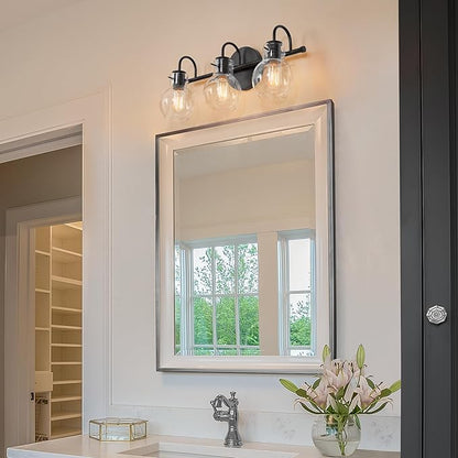 LALUZ Black Bathroom Vanity Light Fixtures, 3-Light Matte Black Farmhouse Vanity Lights with Clear Glass Globe, 22'' Modern Bathroom Lighting Lights Over Mirror