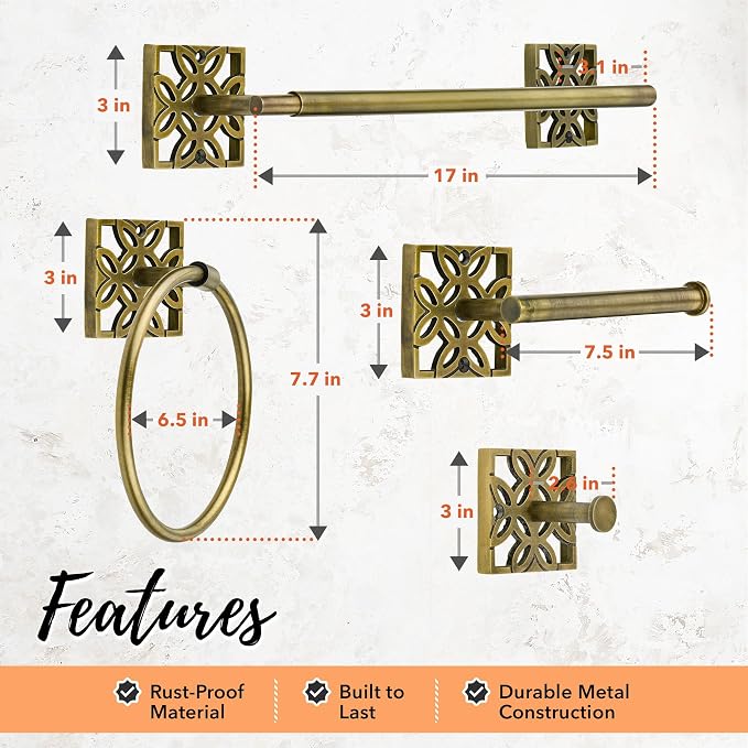 Autumn Alley 5 PC Vintage Brass Bathroom Accessories Set, Wall Mounted – Towel Racks for Bathroom, Bathroom Accessories, Bathroom Hardware Set, Brass Toilet Paper Holder, Towel Ring, Towel Hook