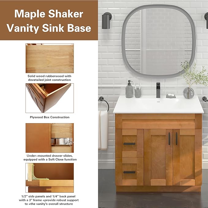 36" Shaker Bathroom Vanity Sink Base with Drawers (Ready-to-Assemble) (Maple Shaker Vanity Base)