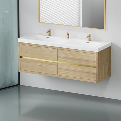 60" Floating Bathroom Vanity with Double Sinks, Wall-Mounted Bathroom Storage Vanity Cabinet with Resin Top Basin and Soft Close Drawers, Fully Assembled, Natural Oak