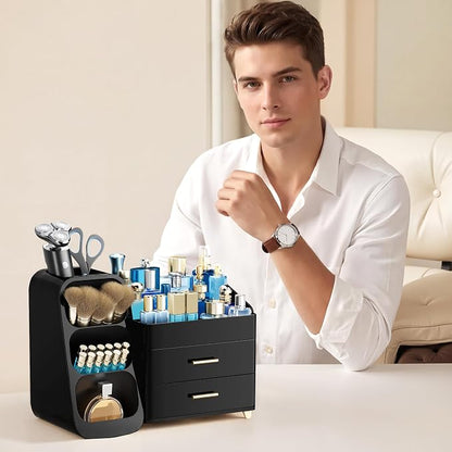 HBlife Cologne Organizer for Men Makeup Organizer with Brush Holder for Vanity, Large Plastic Bathroom Countertop Organizer Skin Care Storage, Fathers Day Gift for Dad Husband, All Black