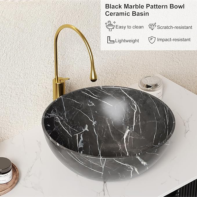 48" Floating Bathroom Vanity with Sink, Wall-Mount Cabinet with 2 Large Storage Drawers, Black Bowl Ceramic Basins and Marble Top, Soft-Close Design, Natural Woodgrain Color