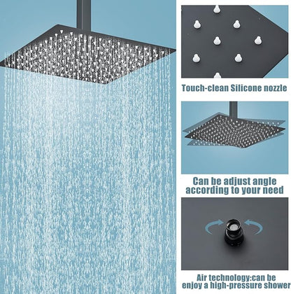 Ceiling Mount Matte Black Shower System 12 Inch Rain High Pressure Shower Head with Handheld Spray, Bathroom Shower Combo Set Rough in Valve Body and Trim Included