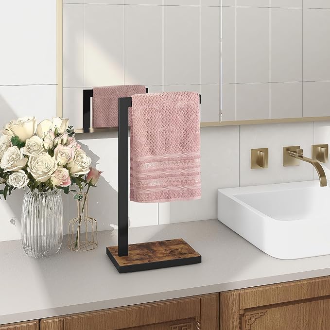 Hand Towel Stand for Bathroom Counter, L-Shape Hand Towel Holder | Towel Holder Stand Height 13.85'' for Vanity Countertop, Kitchen Counter, Rustic Brown-Square Base-L Shape
