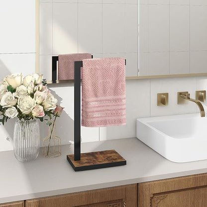 Hand Towel Stand for Bathroom Counter, L-Shape Hand Towel Holder | Towel Holder Stand Height 13.85'' for Vanity Countertop, Kitchen Counter, Rustic Brown-Square Base-L Shape