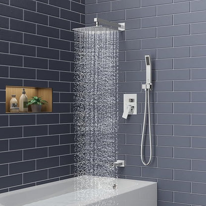 SR SUN RISE 12 Inches All Metal Square Shower System with Tub Spout, Tub Shower Faucet Set, High Pressure Rain Shower Head and Handheld Sprayer Combo Shower Fixtues, Valve Included, Polished Chrome
