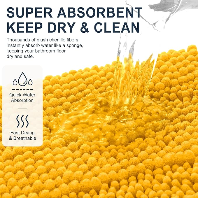 Smiry Thick Chenille Bathroom Rugs 36x24, Absorbent Bath Mat, Golden Yellow | Quick‑Dry & Machine Washable, Non‑Slip Bath Carpet, Soft Striped Bath Rugs for Tub & Shower, Modern Home Decor Accessories