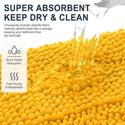 Smiry Thick Chenille Bathroom Rugs 36x24, Absorbent Bath Mat, Golden Yellow | Quick‑Dry & Machine Washable, Non‑Slip Bath Carpet, Soft Striped Bath Rugs for Tub & Shower, Modern Home Decor Accessories