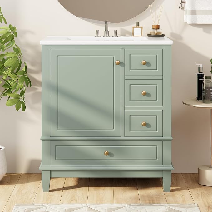 Merax 30" Bathroom Vanities Cabinet with Ceramic Sink Set Combo, Multi-Functional Storage Organizer Door Shelf, Three Drawers, Soft-Closing Door, Light Green